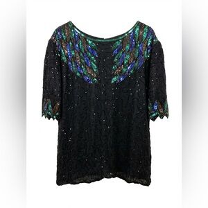 Vintage Silk Beaded Woman’s Top Blouse Size 2X Made In India